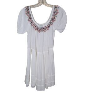 Umgee Mini Flowy Dress Embroidered Scoop Neck Short Balloon Sleeves White Medium